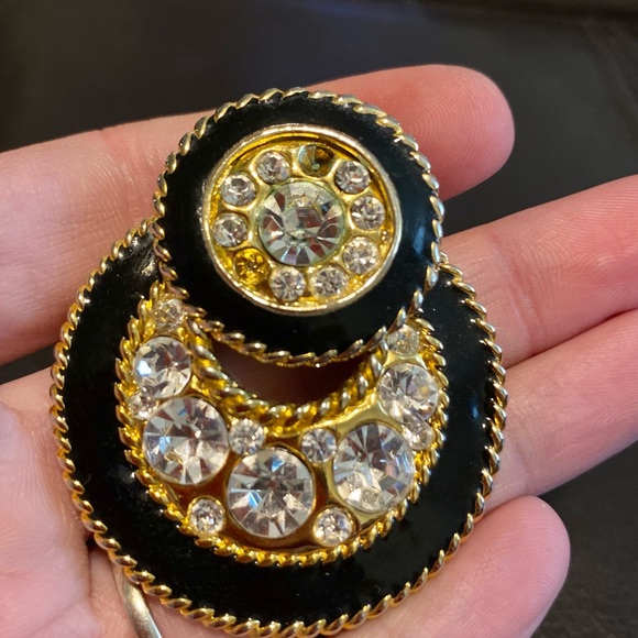 Clip On Black and Gold Earrings with Faux Diamonds - Picture 3 of 5